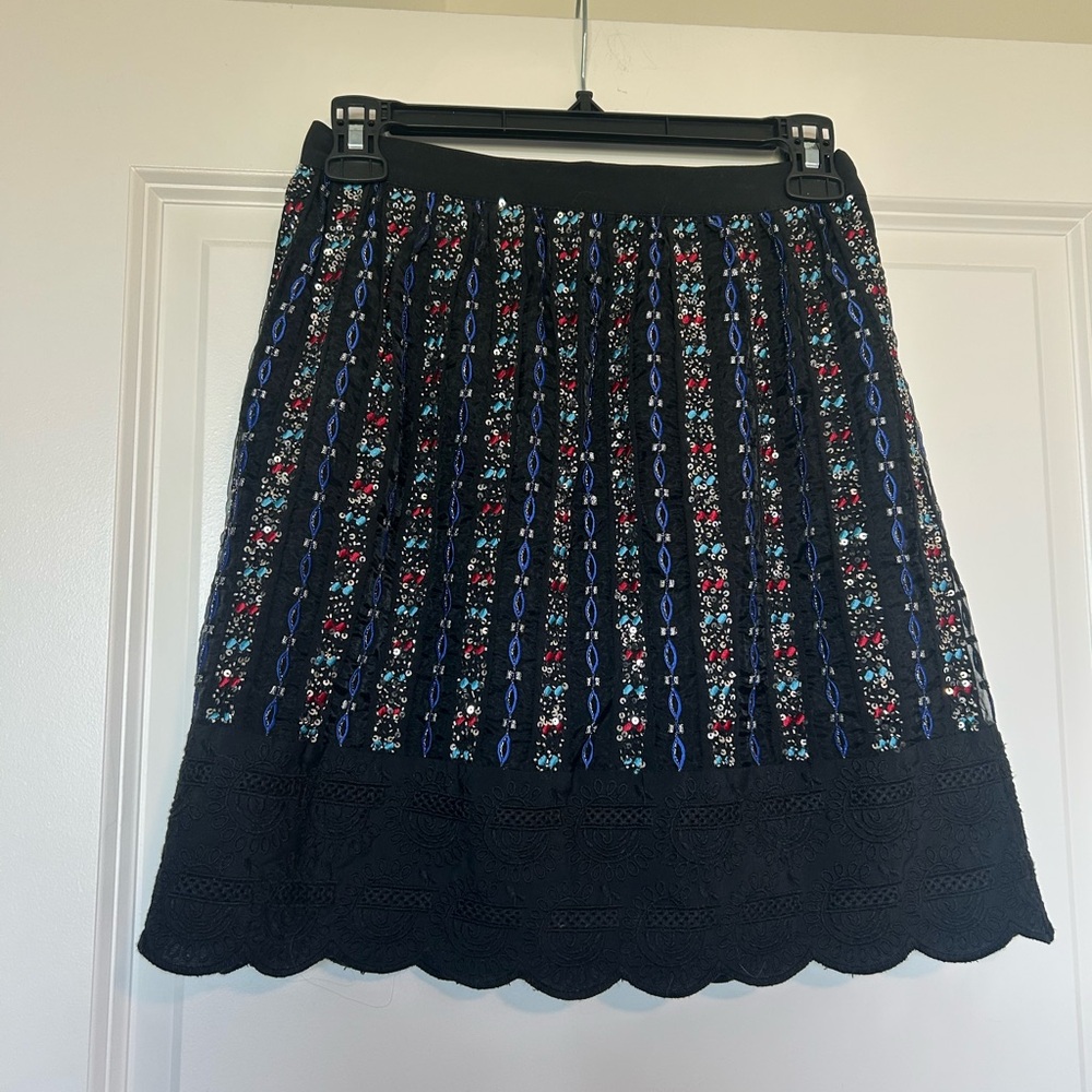 Club Monaco Black Embroidered A-Line Skirt with Beaded Accents